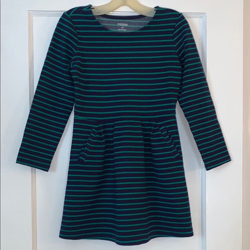 Gymboree Navy Blue & Green Striped Dress Long Sleeve Crew Neck Pockets 7/8 EUC